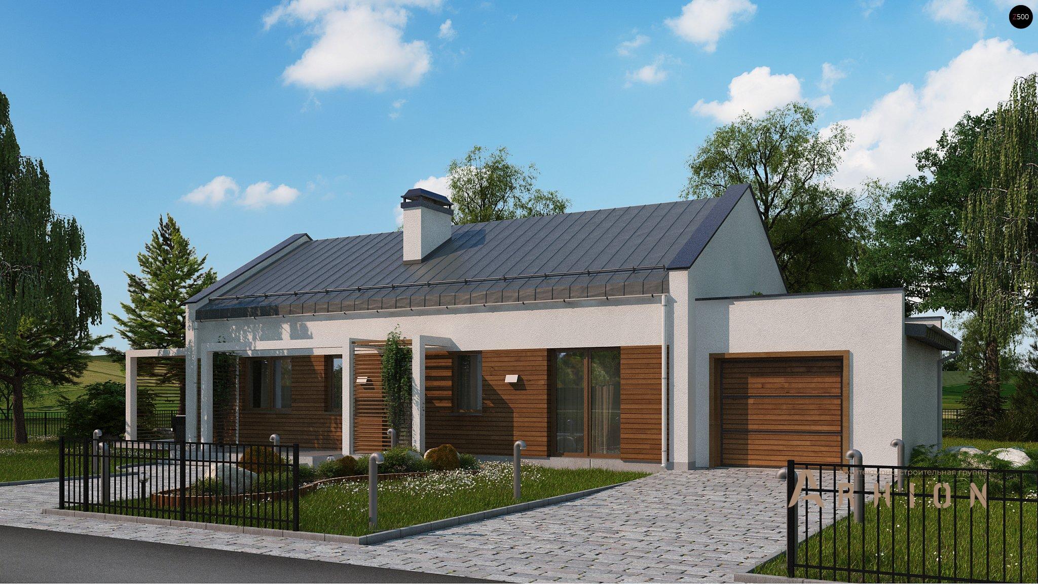 1. Проект одноэтажного дома в стиле барн с двускатной кровлей, Z258 GP, площадью - 121 кв c терассой, гаражом